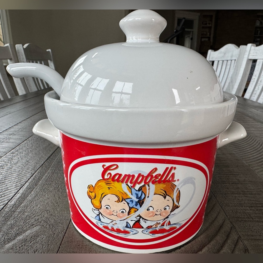 Vintage Campbell's Red and White Soup Tureen with Lid and Ladle